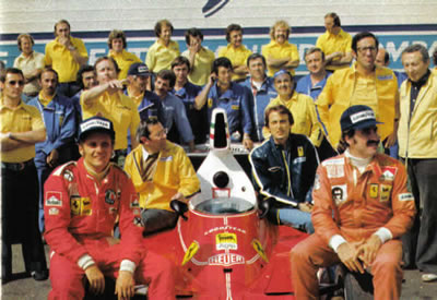 Luca di Montezemolo con l'Ing.Forghieri, Niki Lauda e Clay Regazzoni